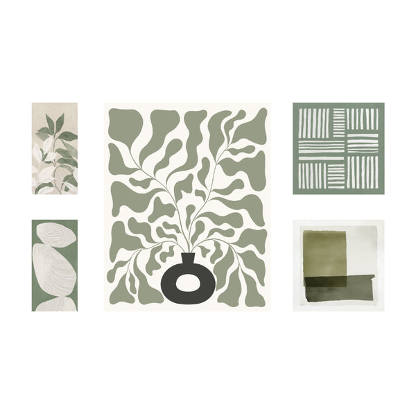 Sage Green Assorted Botanical Abstract Canvas Wall Art | Set of 5