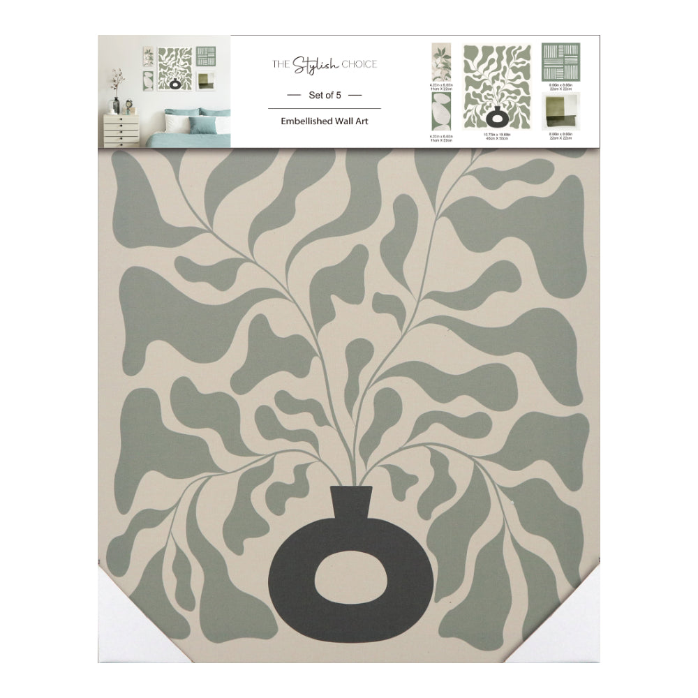 Sage Green Assorted Botanical Abstract Canvas Wall Art | Set of 5
