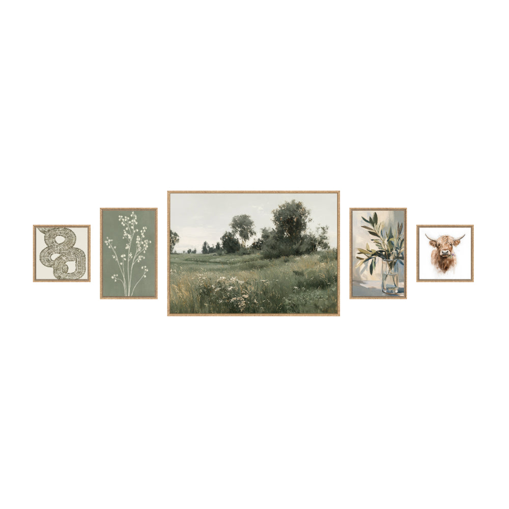 Country Green Assorted Framed Canvas Wall Art Set | Set of 5