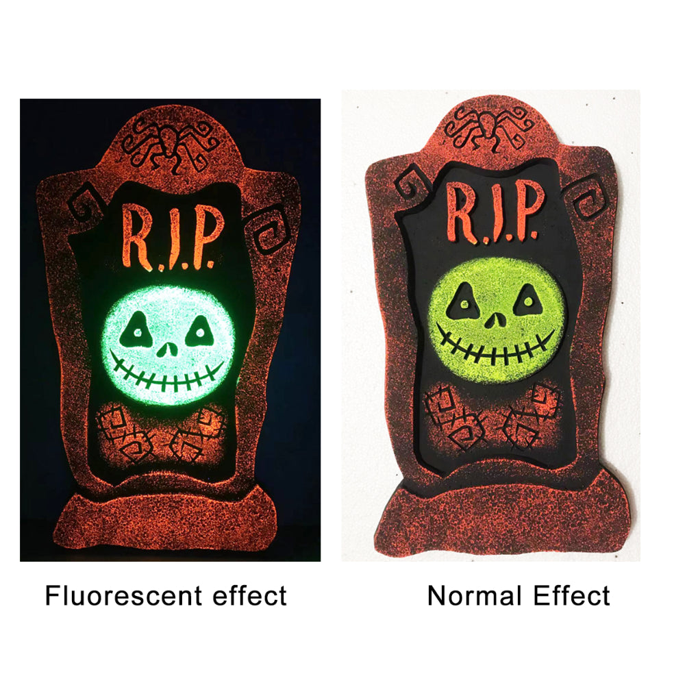 Orange Pumpkin Tombstone Halloween Decoration - Fluorescent Skull Face