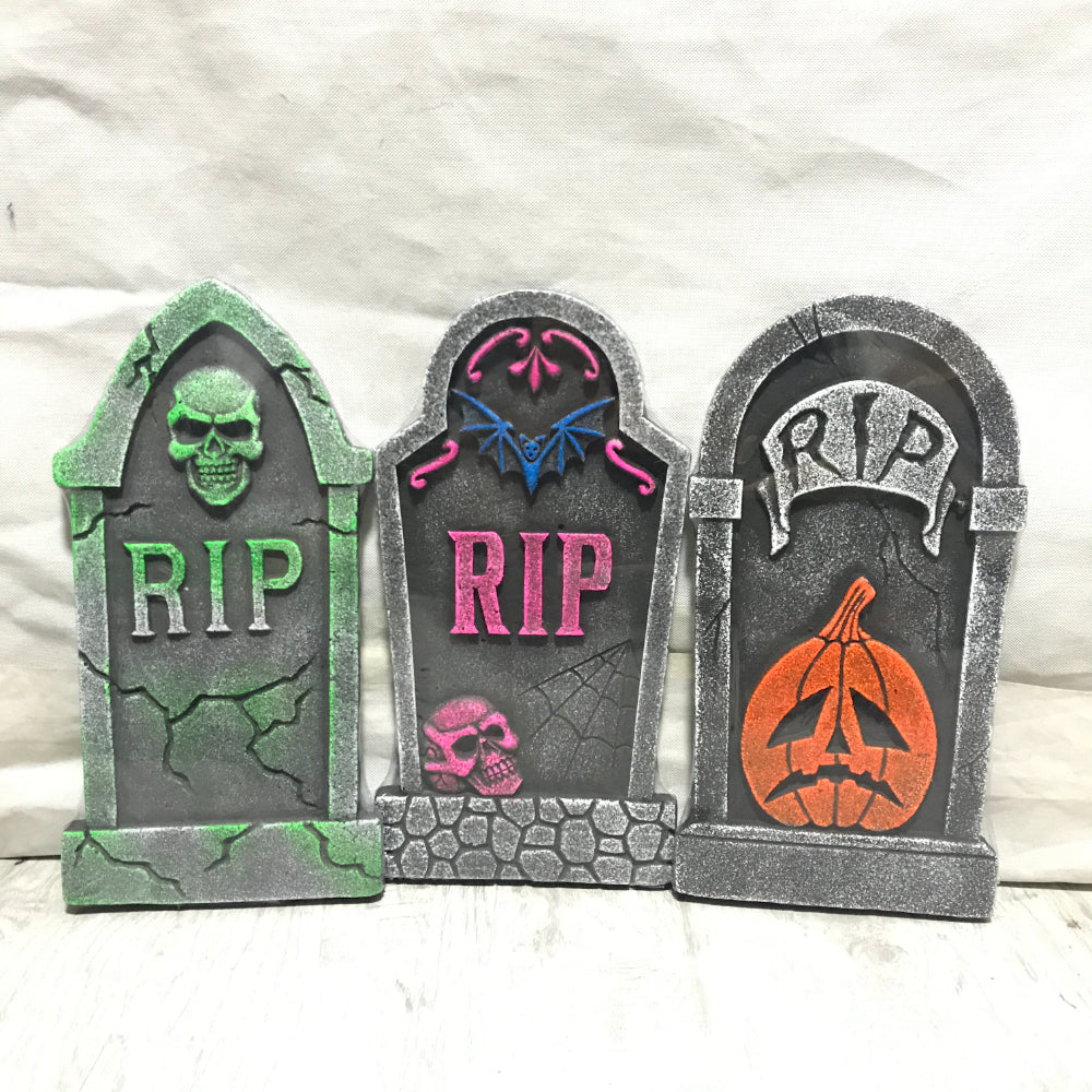 Colourful Halloween Tombstone Decorations - 3 Assorted Designs, Glitter Finish