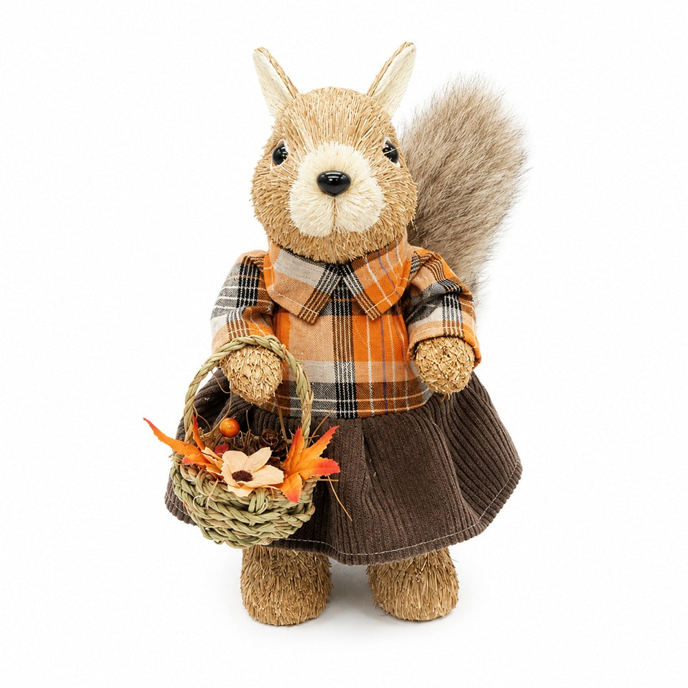 Autumn Girl Squirrel Freestanding Decoration - Checked Outfit, Basket