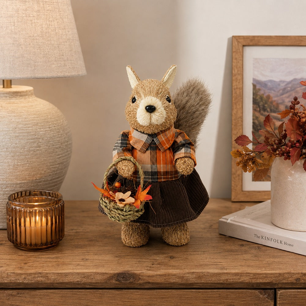 Autumn Girl Squirrel Freestanding Decoration - Checked Outfit, Basket