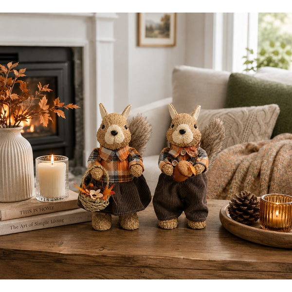 Autumn Girl Squirrel Freestanding Decoration - Checked Outfit, Basket