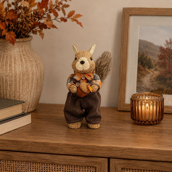 Autumn Boy Squirrel Freestanding Decoration - Checked Outfit, Acorn