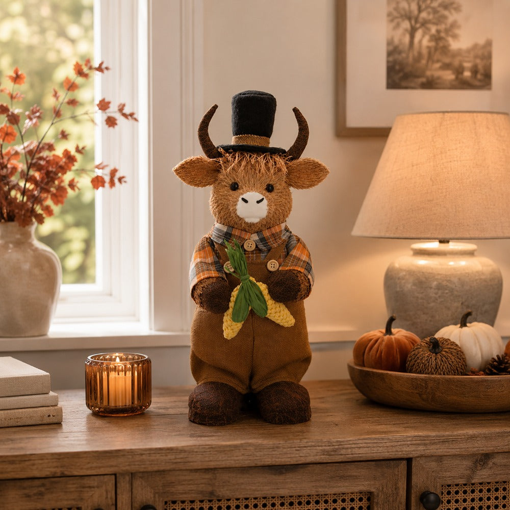 Autumn Boy Highland Cow Ornament - 50cm, Tartan Harvest Design