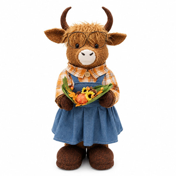 Rustic Autumn Girl Highland Cow Figurine - Harvest Bouquet, 50cm