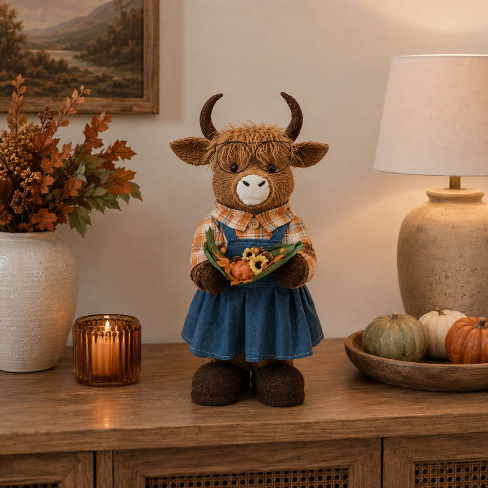 Rustic Autumn Girl Highland Cow Figurine - Harvest Bouquet, 50cm