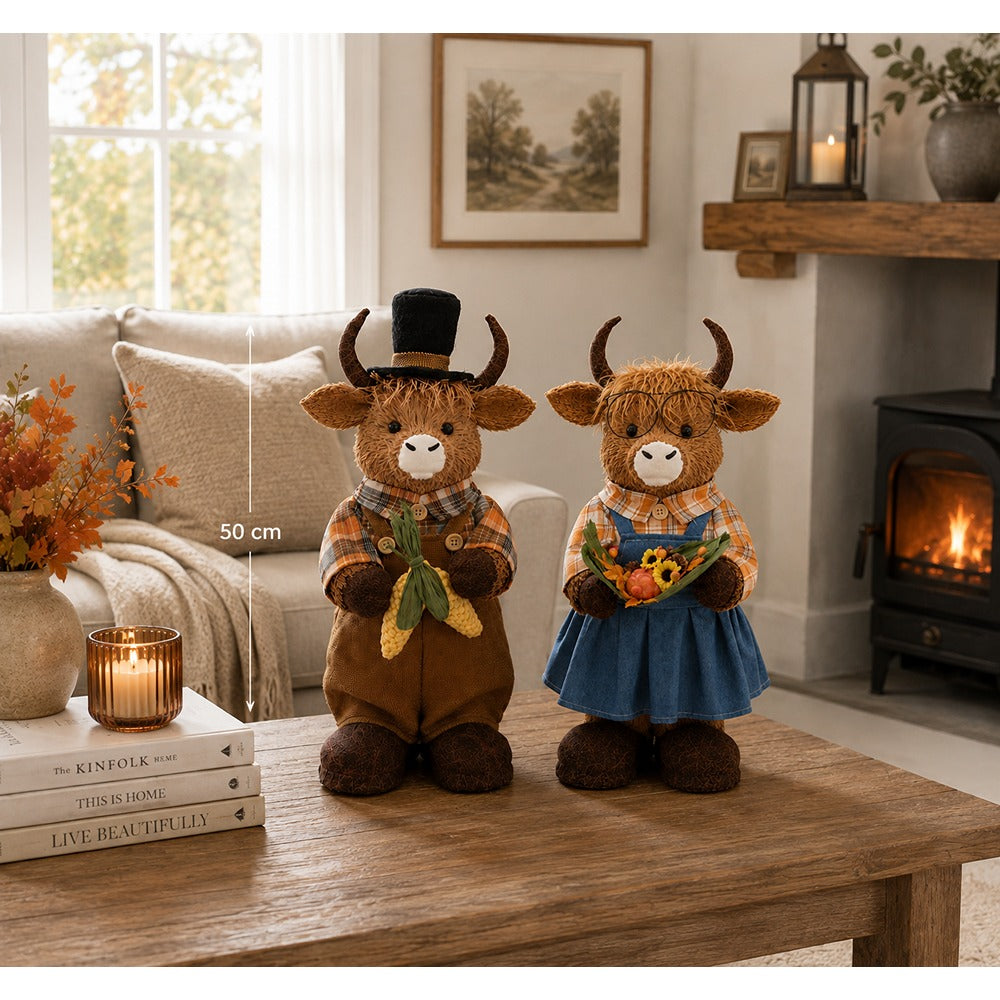 Rustic Autumn Girl Highland Cow Figurine - Harvest Bouquet, 50cm