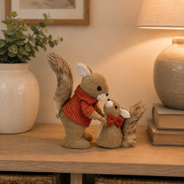 Parent and Baby Squirrel Woodland Ornament - Freestanding, Brown and Orange, 22cm