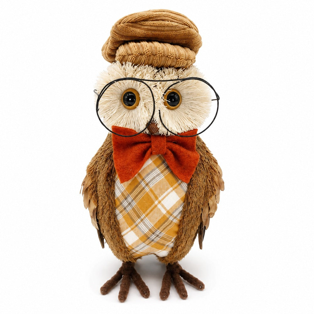 Autumn Owl with Glasses Ornament - Brown Cap, Checked Belly, 27cm