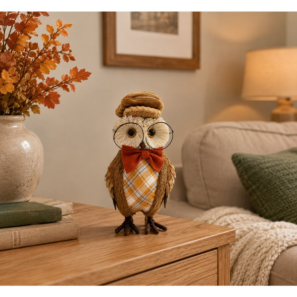 Autumn Owl with Glasses Ornament - Brown Cap, Checked Belly, 27cm