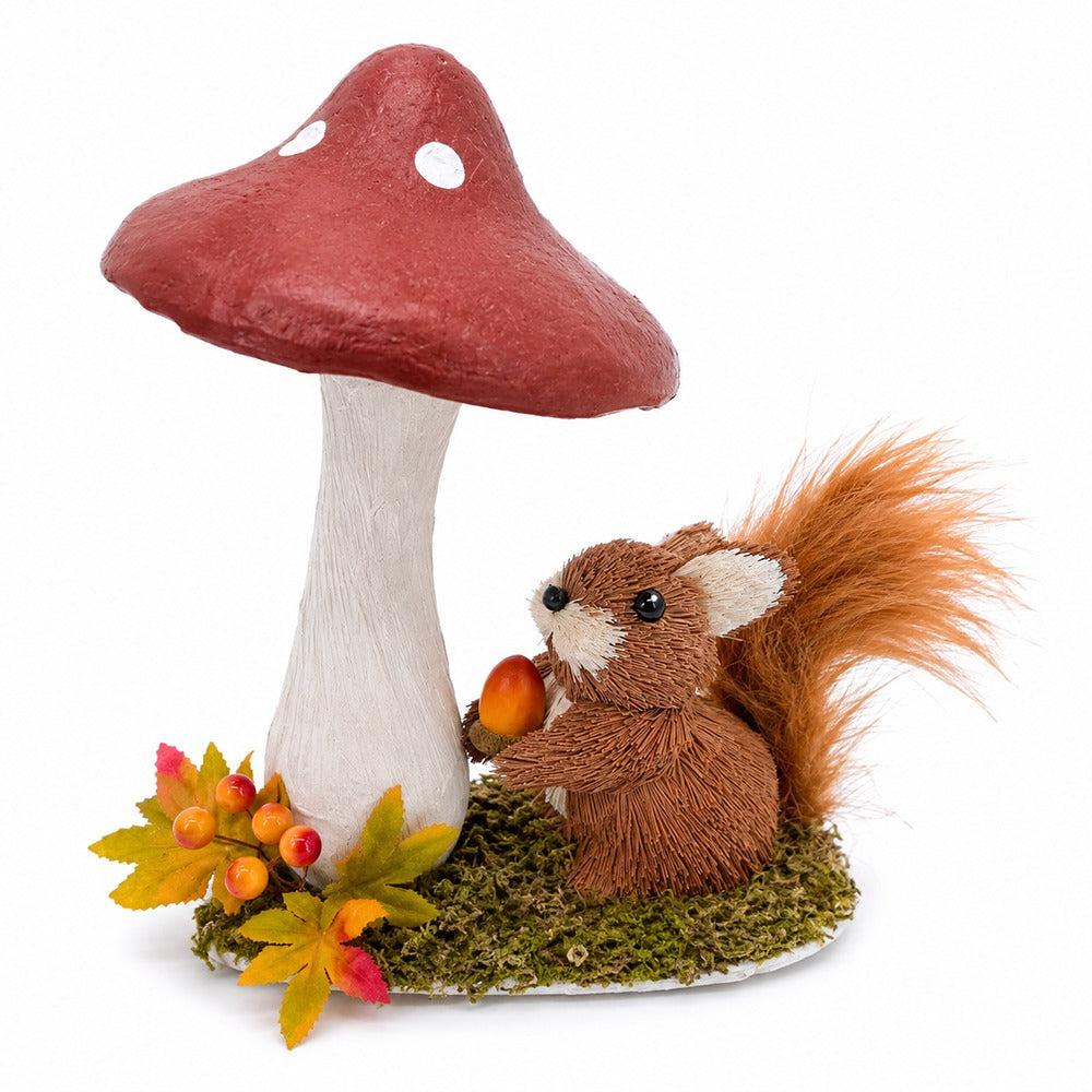 Woodland Squirrel Under Mushroom Ornament - Autumn Colours, 21cm