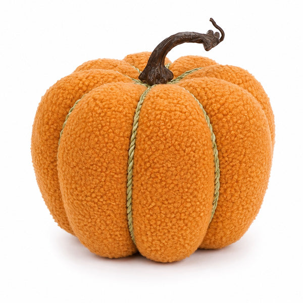 Teddy Bouclé Pumpkin Decoration - Large, Orange, Olive-Green Trim