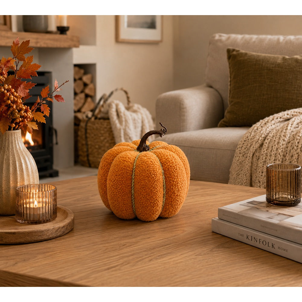 Teddy Bouclé Pumpkin Decoration - Large, Orange, Olive-Green Trim