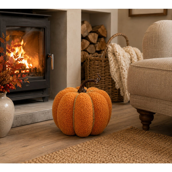 Teddy Bouclé Pumpkin Decoration - Large, Orange, Olive-Green Trim