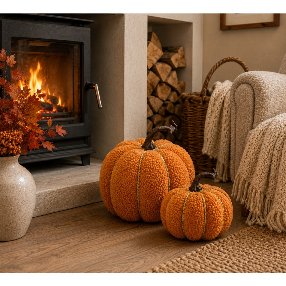 Teddy Bouclé Pumpkin Decoration - Large, Orange, Olive-Green Trim