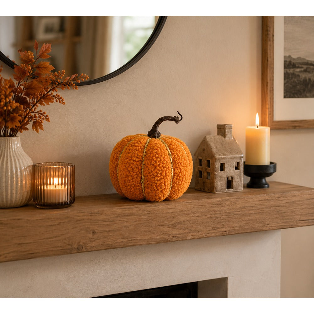 Teddy Orange Plush Pumpkin Decoration - Medium, Rustic Cord Detail