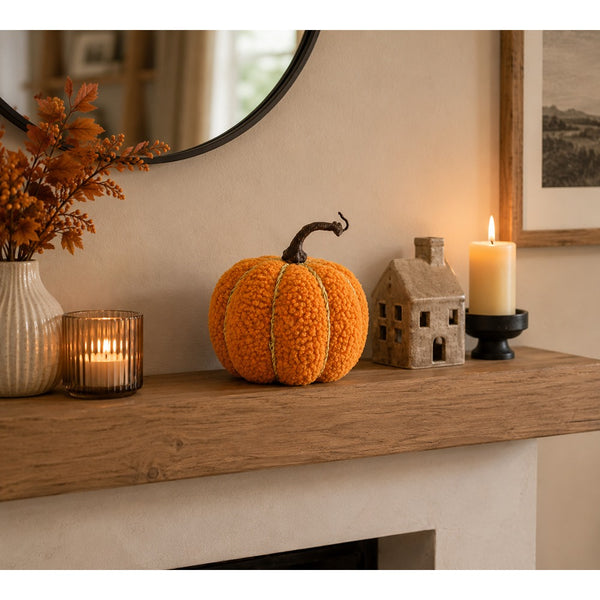 Teddy Orange Plush Pumpkin Decoration - Medium, Rustic Cord Detail