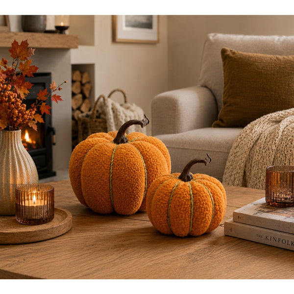 Teddy Orange Plush Pumpkin Decoration - Medium, Rustic Cord Detail