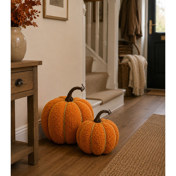 Teddy Orange Plush Pumpkin Decoration - Medium, Rustic Cord Detail