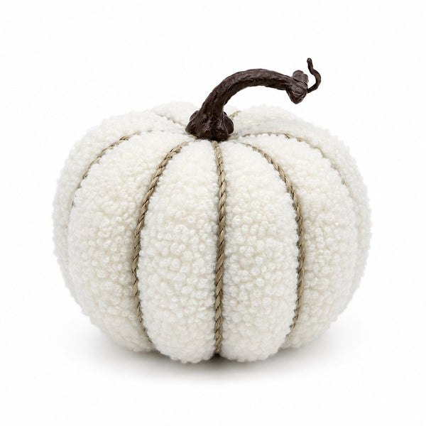 White Teddy Boucle Pumpkin Decoration - Textured Finish, Brown Stem