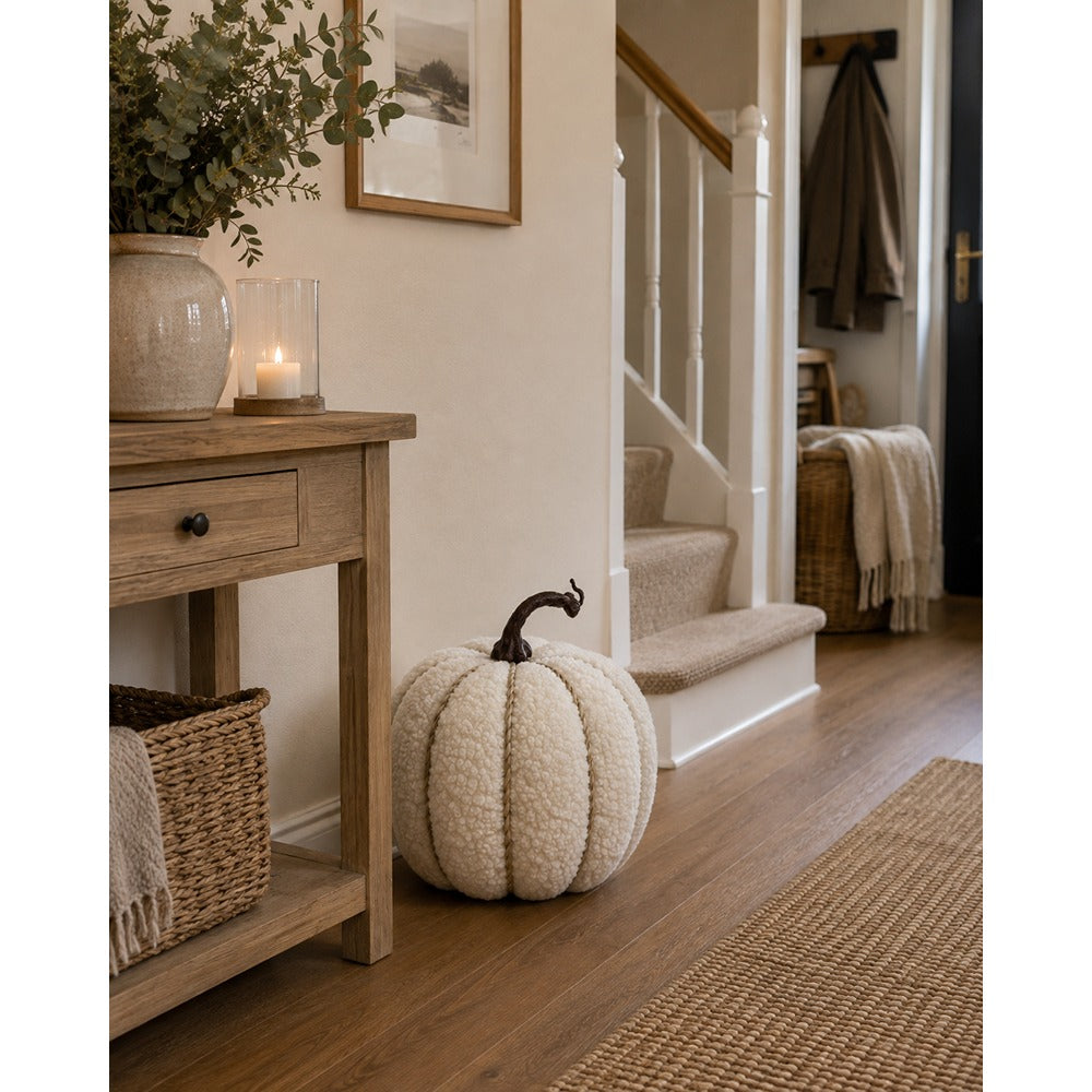 White Teddy Boucle Pumpkin Decoration - Textured Finish, Brown Stem