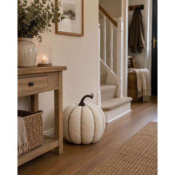 White Teddy Boucle Pumpkin Decoration - Textured Finish, Brown Stem