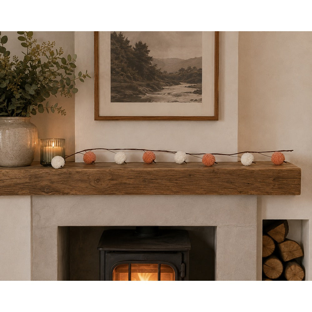 Mini Orange Pumpkin Teddy Hanging Garland - White and Orange Pom-Poms