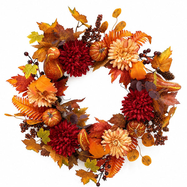 Autumn Flower and Pumpkin Wreath - 66cm, Assorted Harvest Colours