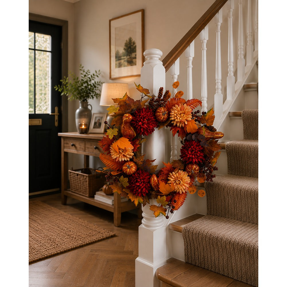 Autumn Flower and Pumpkin Wreath - 66cm, Assorted Harvest Colours