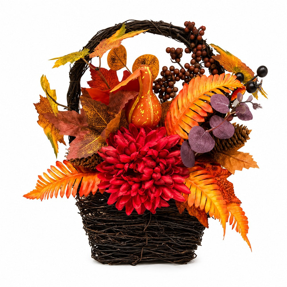 Autumn Harvest Floral Basket Decoration - Woven Basket, Mixed Foliage