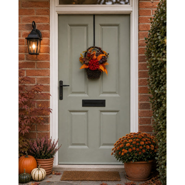 Autumn Harvest Floral Basket Decoration - Woven Basket, Mixed Foliage