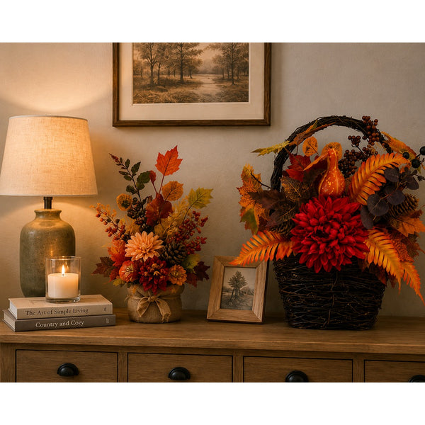 Autumn Harvest Floral Basket Decoration - Woven Basket, Mixed Foliage