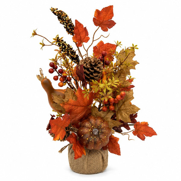 Autumn Leaf and Pumpkin Burlap Arrangement - Pinecone and Bird Accents