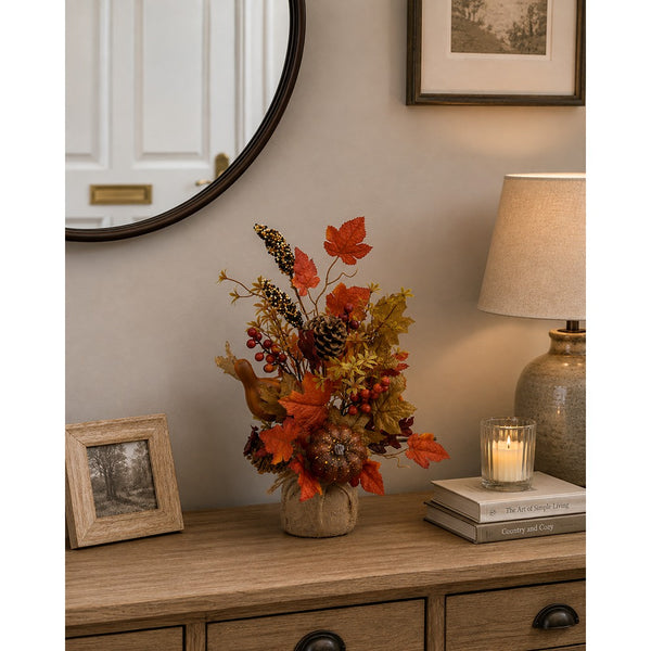 Autumn Leaf and Pumpkin Burlap Arrangement - Pinecone and Bird Accents