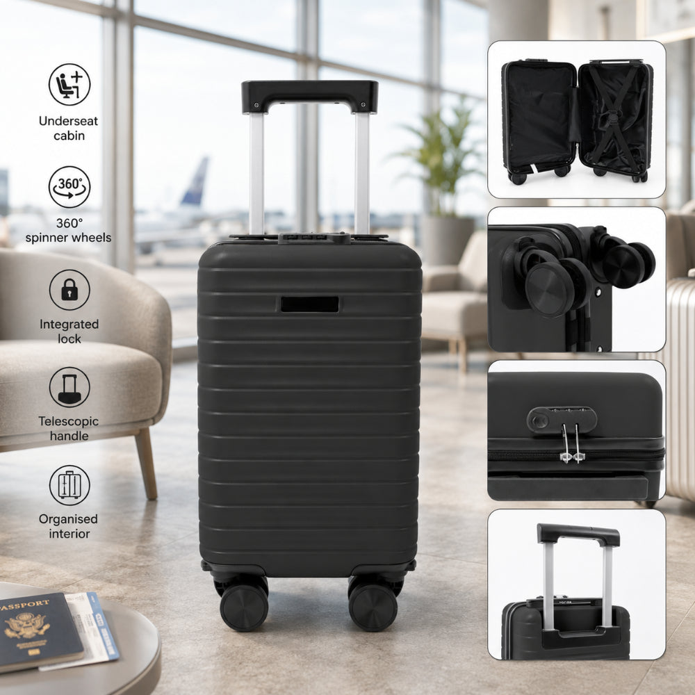 Black Hard-Shell Underseat Cabin Suitcase - Spinner Wheels, Combination Lock
