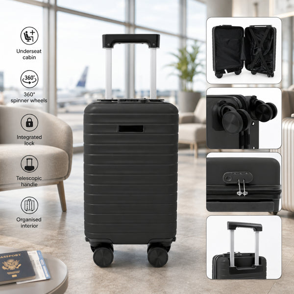 Black Hard-Shell Underseat Cabin Suitcase - Spinner Wheels, Combination Lock