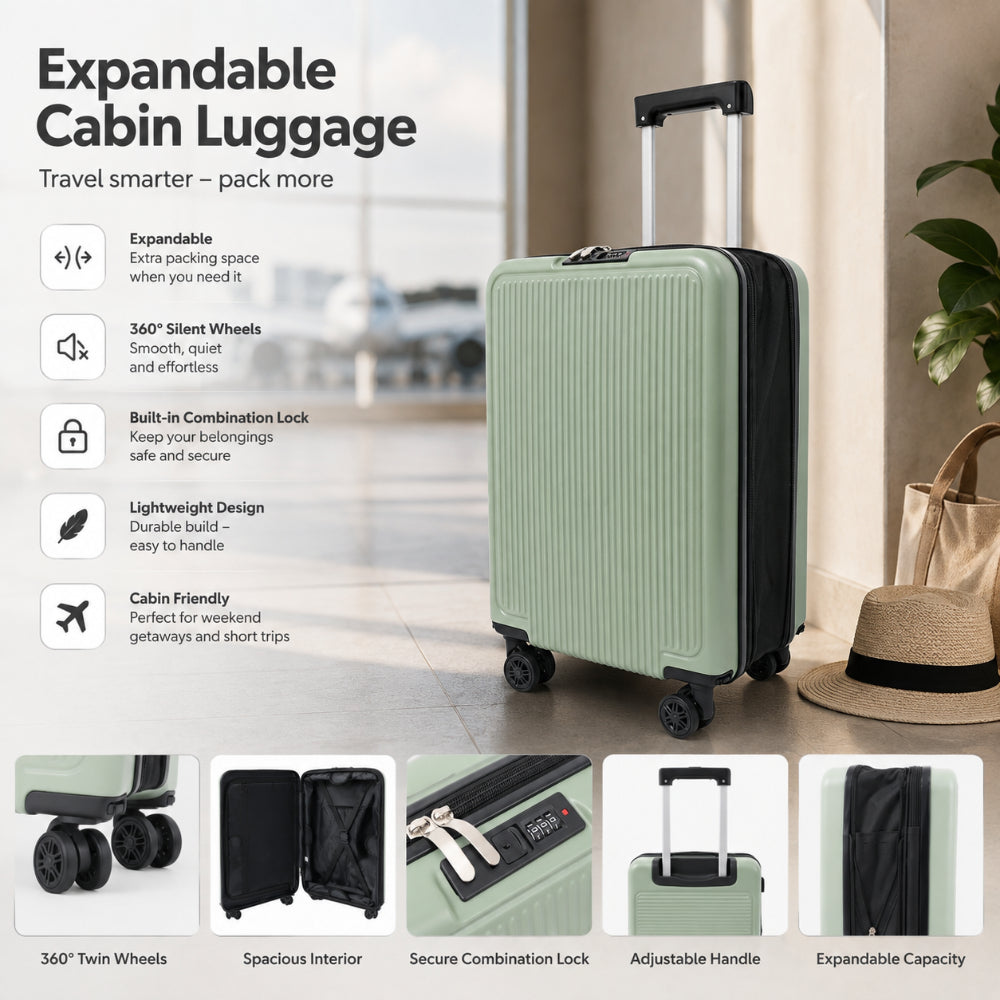 Expandable Hard-Shell Cabin Suitcase - Sage Green, 4 Spinner Wheels