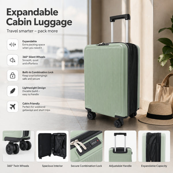 Expandable Hard-Shell Cabin Suitcase - Sage Green, 4 Spinner Wheels