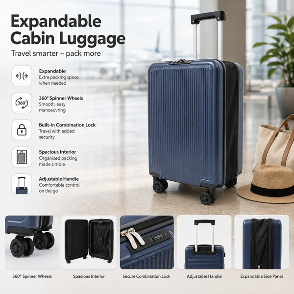 Expandable Navy Hard-Shell Cabin Suitcase - Spinner Wheels, Combination Lock