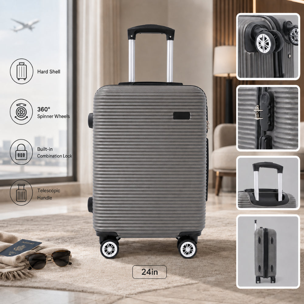 Dark Grey Ribbed Hard-Shell Suitcase - 24 Inch, Four Spinner Wheels