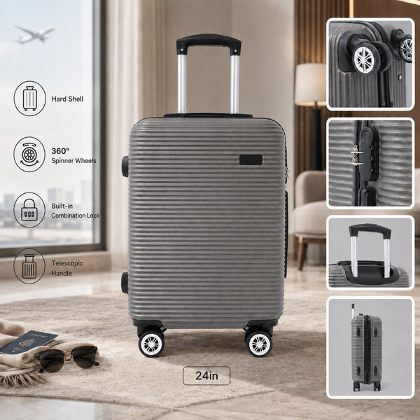 Dark Grey Ribbed Hard-Shell Suitcase - 24 Inch, Four Spinner Wheels