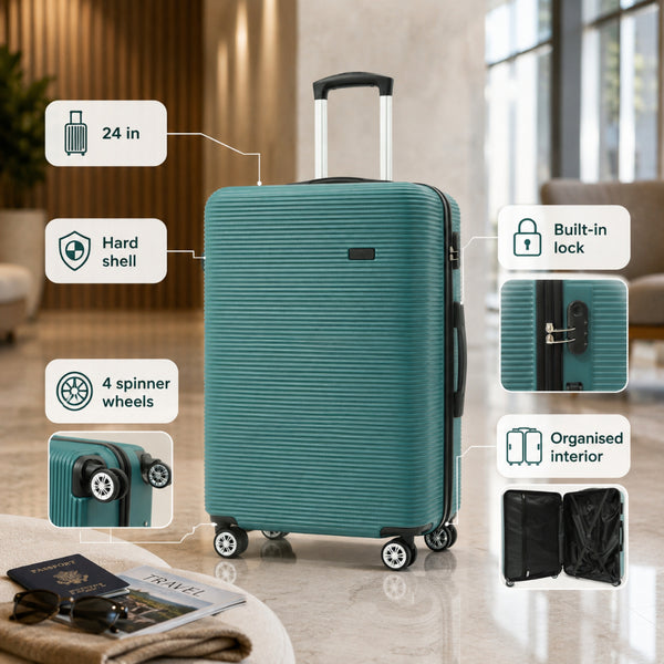 Teal Ribbed Hard-Shell Upright Suitcase - 24 Inch, Four Spinner Wheels