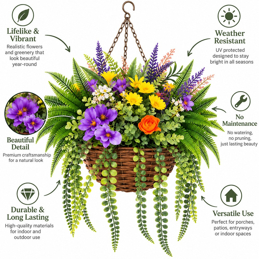 Purple Flower Hanging Basket with Chain | 60x30cm Artificial Plant