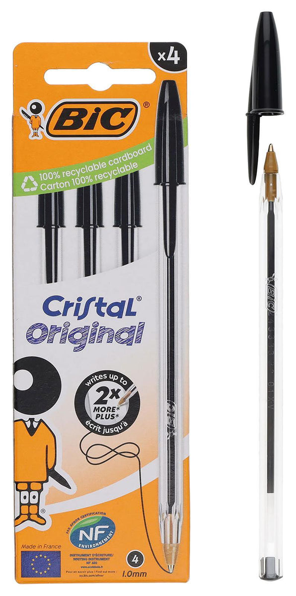 BIC Cristal Original Black Ballpoint Pens | Pack of 4 | Medium Point 1.0 mm