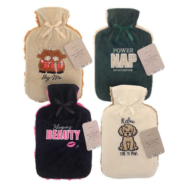 Country Club Sherpa Plush Applique Hot Water Bottle Cover | Ribbon-Tie Neck