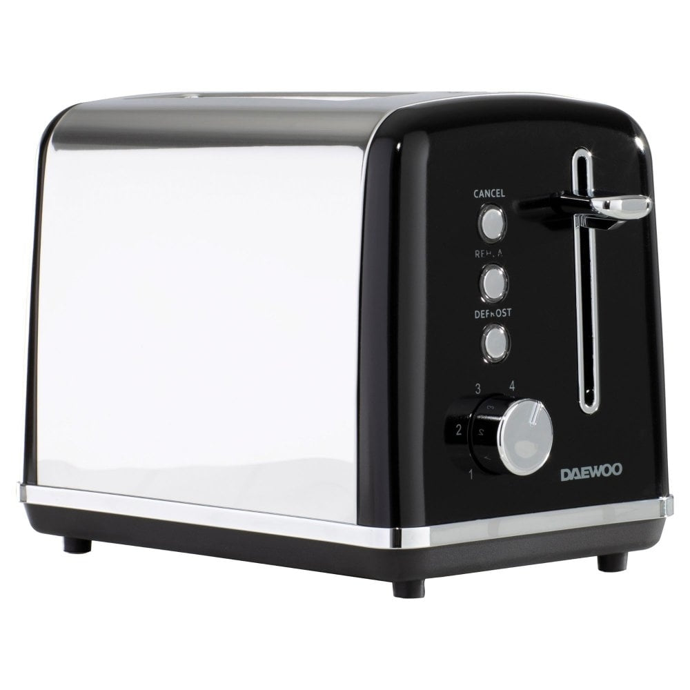 Daewoo Kensington Two Slice Toaster | Black and Chrome, Reheat, Defrost