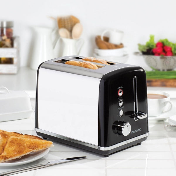 Daewoo Kensington Two Slice Toaster | Black and Chrome, Reheat, Defrost
