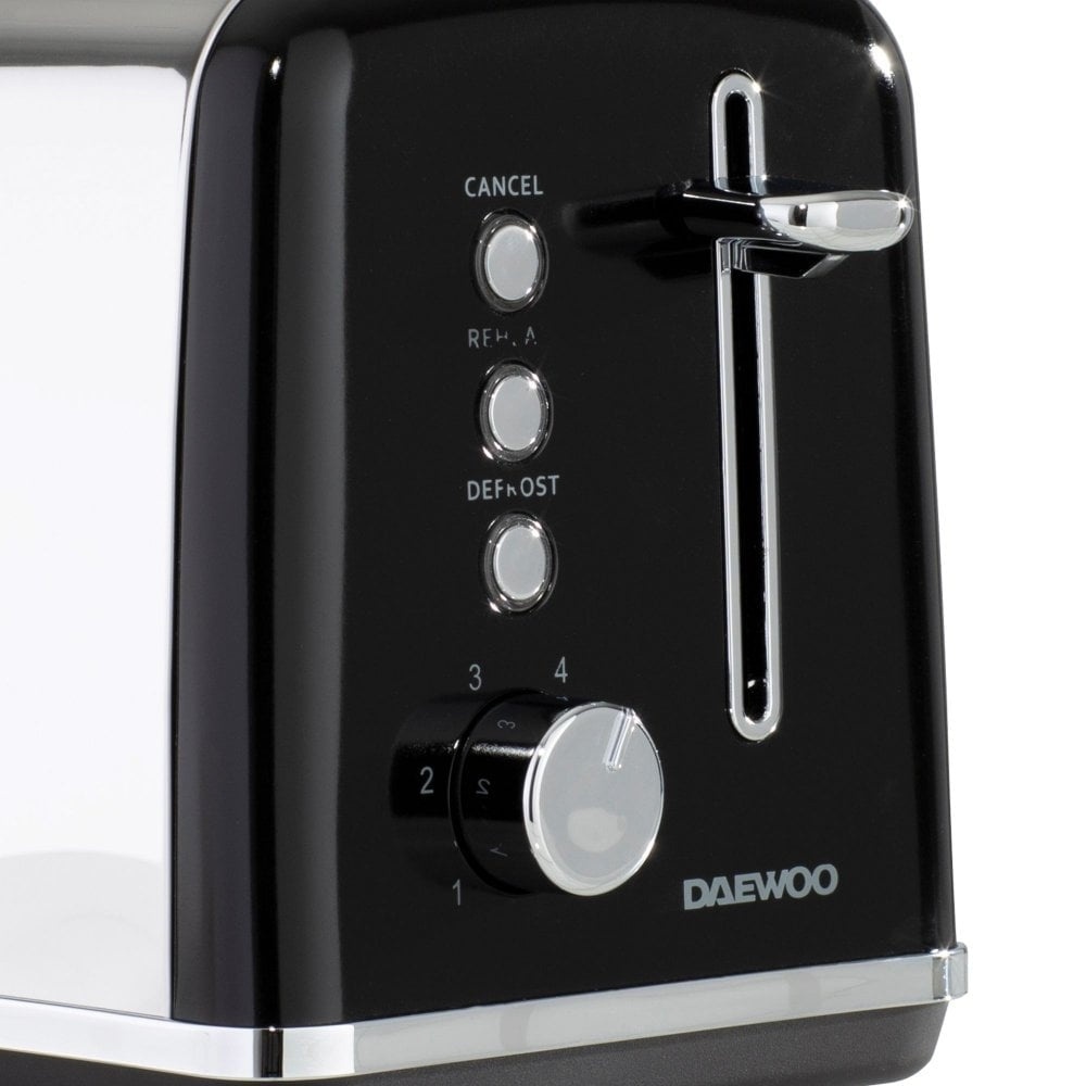 Daewoo Kensington Two Slice Toaster | Black and Chrome, Reheat, Defrost
